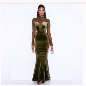 maxi sexy. Paislee olive green velvet mesh long sleeve gown.wedding.christmas